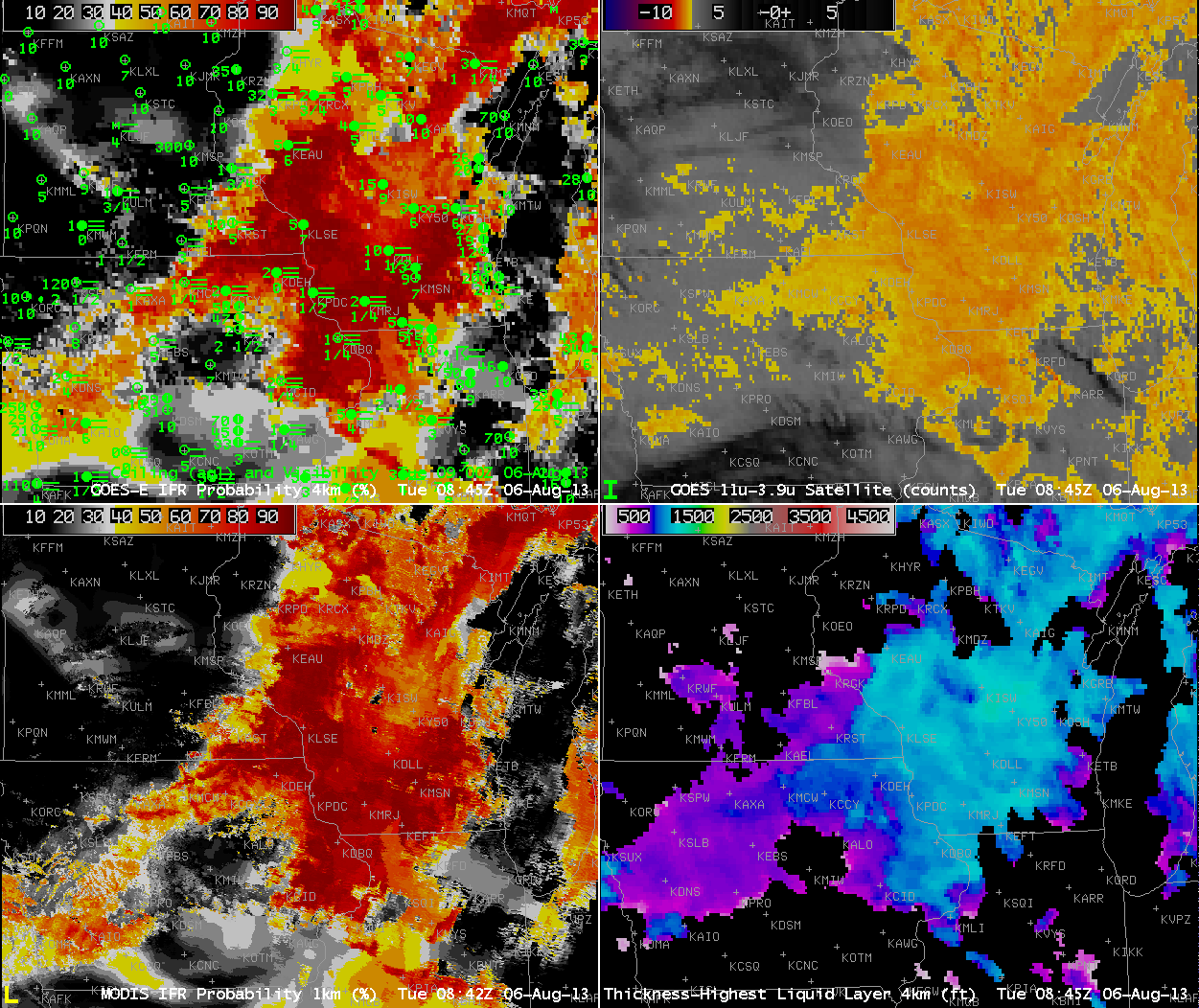 GOES-based GOES-R IFR Probabilities (Upper Left), GOES-East Brightness Temperature Difference (Upper Right, 10.7 µm - 3.9 µm), MODIS-based GOES-R IFR Probabilities (Lower Left), GOES-based GOES-R Cloud Thickness (Lower Right) (click image to play animation)