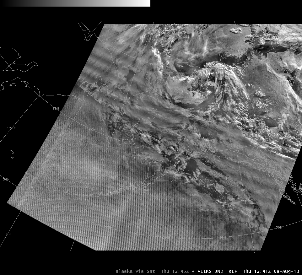 Suomi/NPP Day/Night band, Brightness temperature difference, and GOES Imager visible data, all near 1245 UTC on 8 August 2013 (Click to see animation)