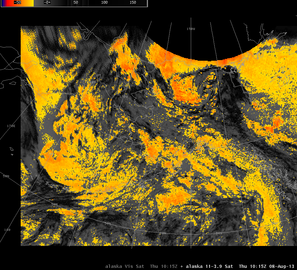 GOES-15 Brightness Temperature Difference (10.7 µm - 3.9 µm) (Click to see animation)